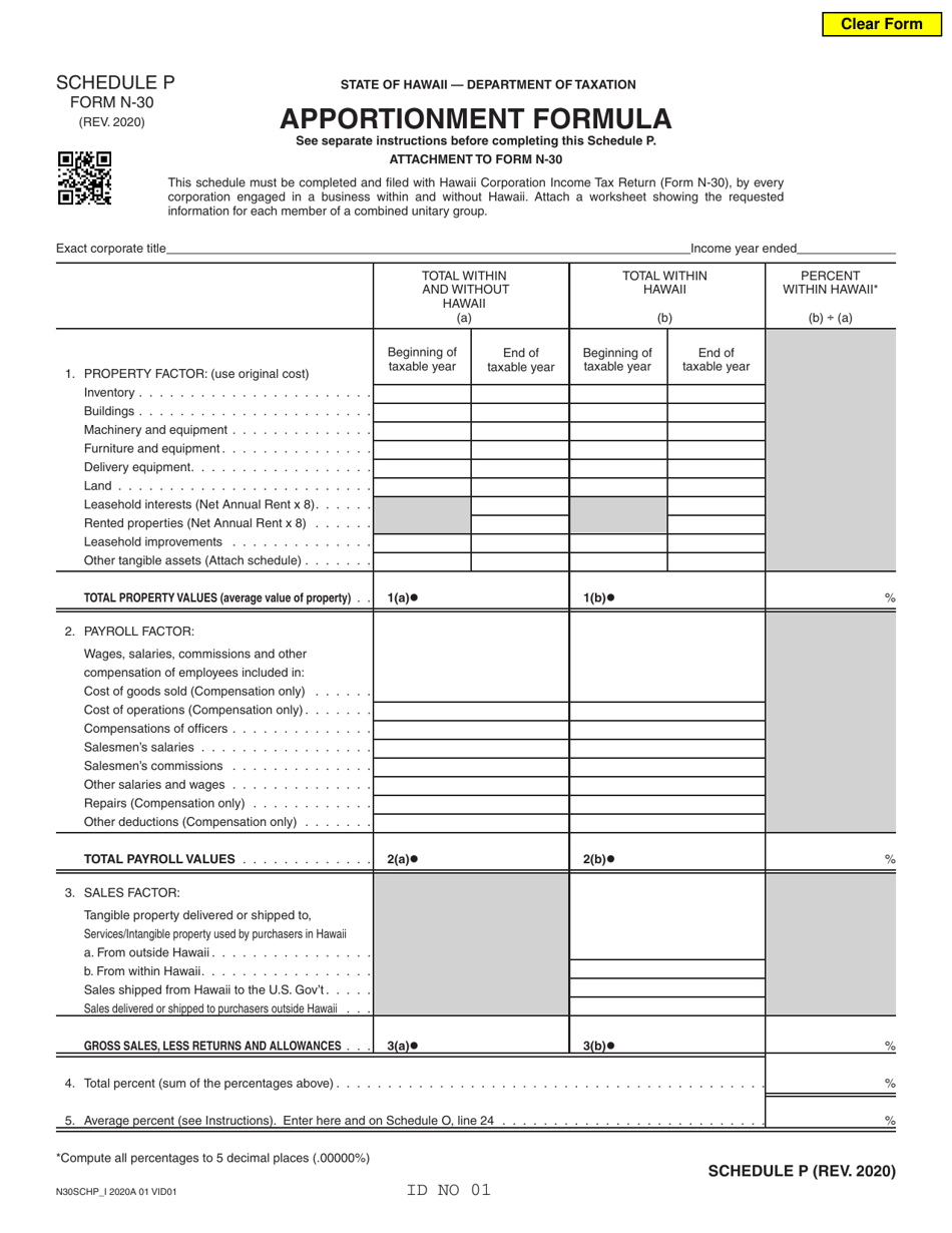 Form N-30 Schedule P Apportionment Formula - Hawaii, Page 1
