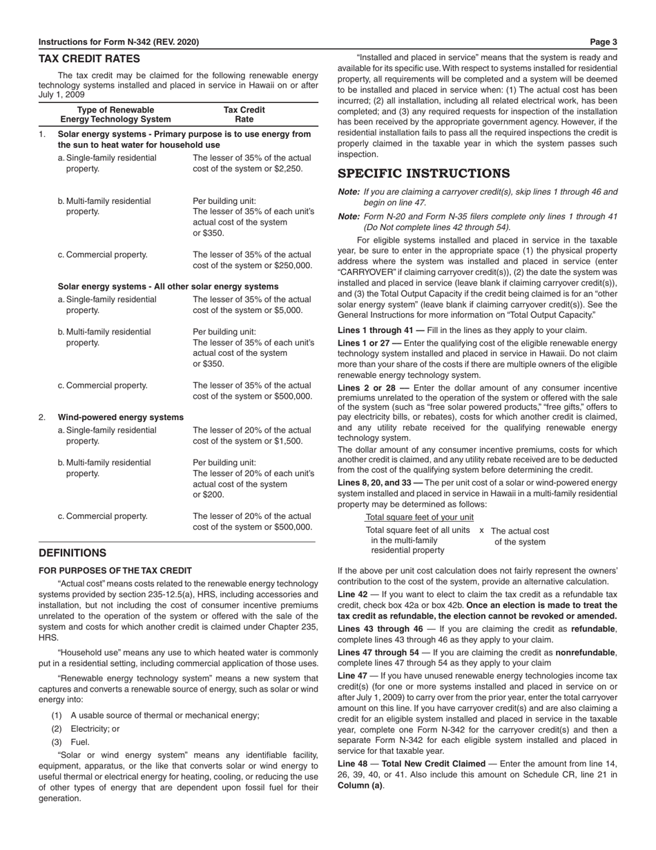 Instructions for Form N-342 Renewable Energy Technologies Income Tax Credit - Hawaii, Page 3