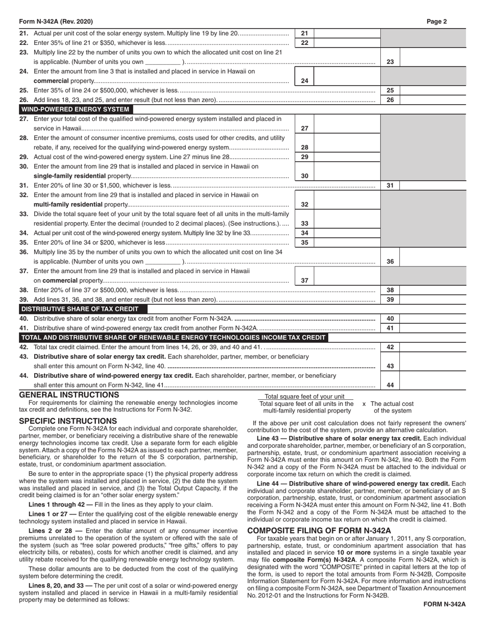 Form N-342A Information Statement Concerning Renewable Energy Technologies Income Tax Credit for Systems Installed and Placed in Service on or After July 1, 2009 - Hawaii, Page 2