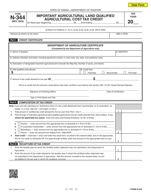 Form N-344 Important Agricultural Land Qualified Agricultural Cost Tax Credit - Hawaii