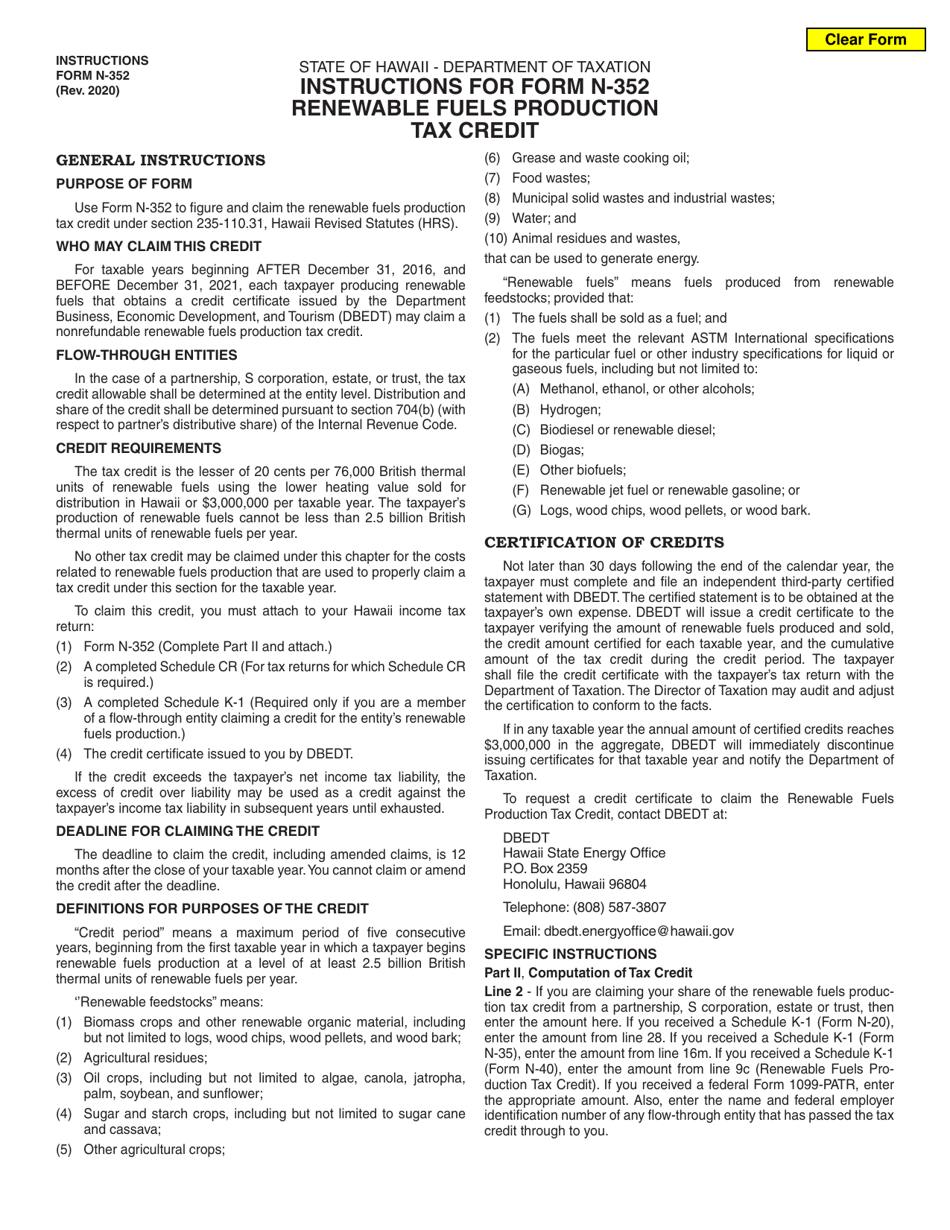 Instructions for Form N-352 Renewable Fuels Production Tax Credit - Hawaii, Page 1