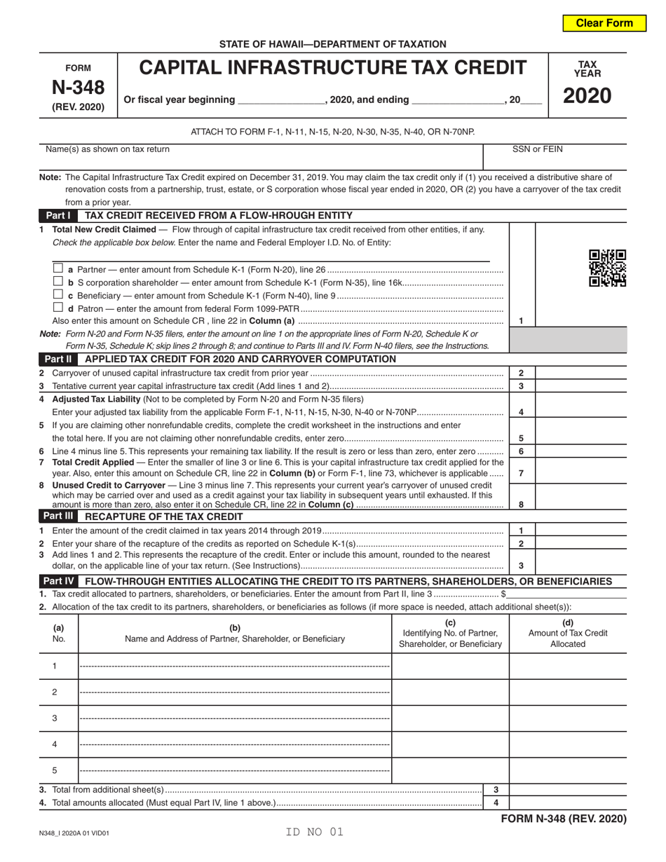 Form N-348 Capital Infrastructure Tax Credit - Hawaii, Page 1