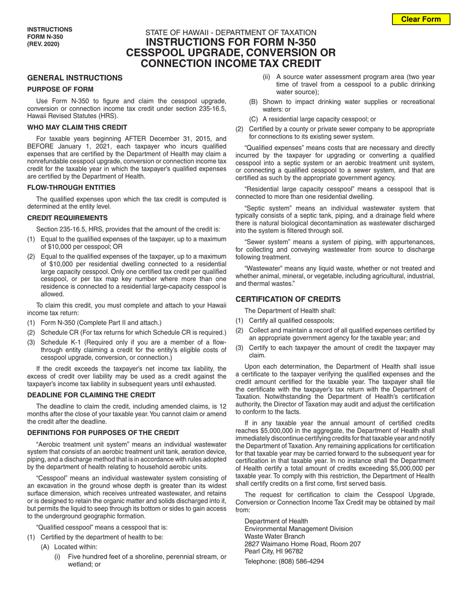 Instructions for Form N-350 Cesspool Upgrade, Conversion or Connection Income Tax Credit - Hawaii, Page 1