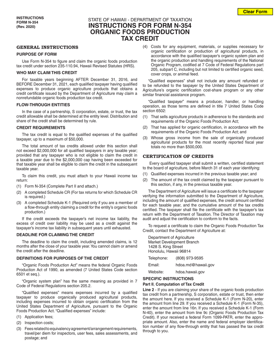 Instructions for Form N-354 Organic Foods Production Tax Credit - Hawaii, Page 1