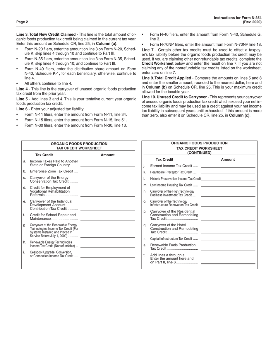 Instructions for Form N-354 Organic Foods Production Tax Credit - Hawaii, Page 2