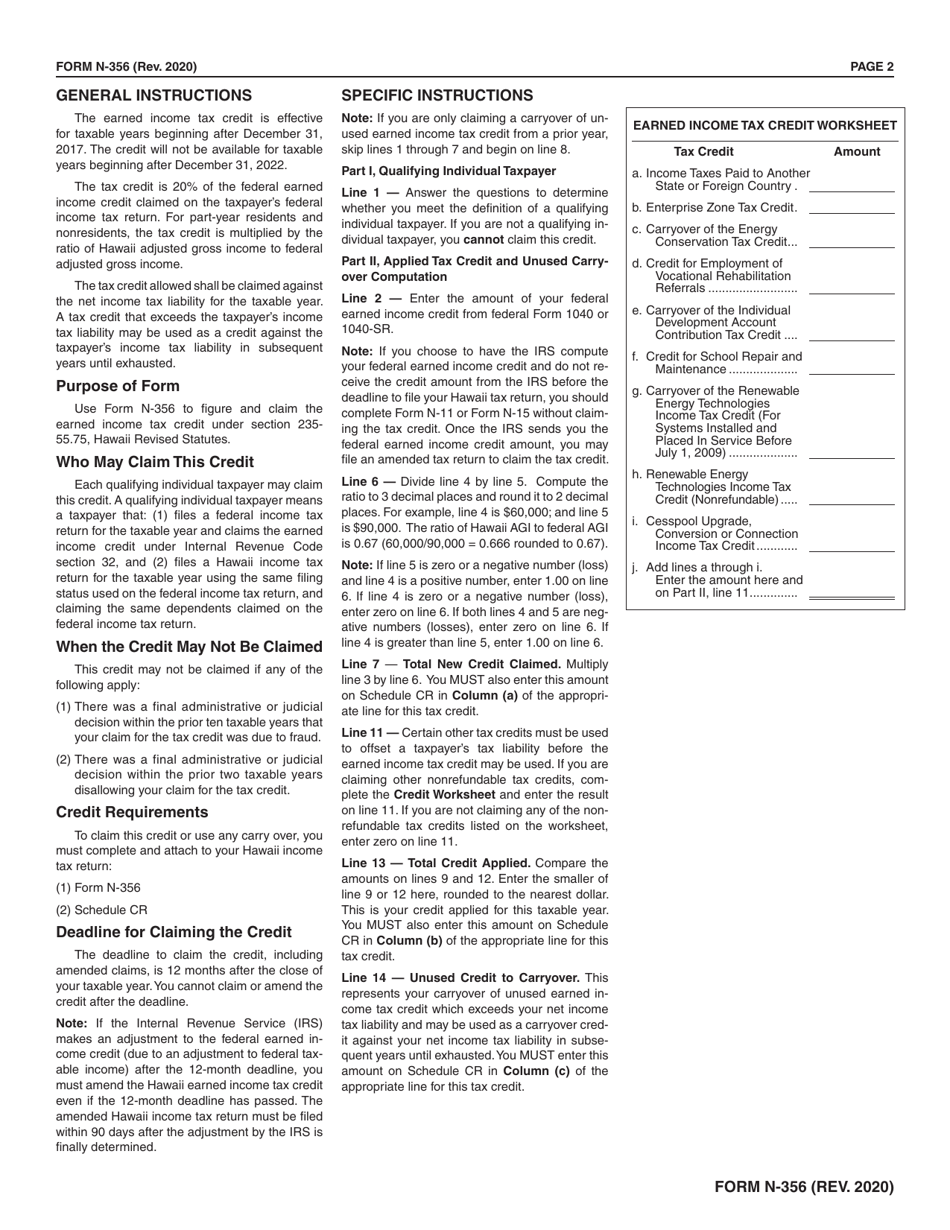 Form N-356 Earned Income Tax Credit - Hawaii, Page 2