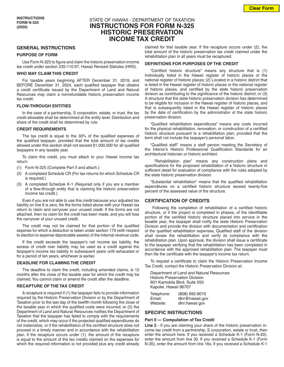 Instructions for Form N-325 Historic Preservation Income Tax Credit - Hawaii, Page 1