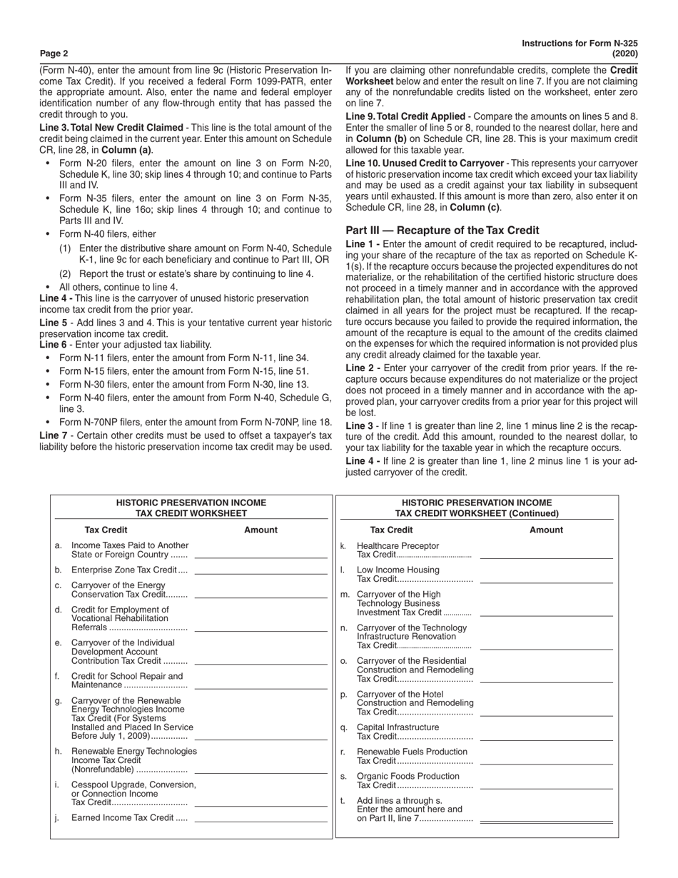Instructions for Form N-325 Historic Preservation Income Tax Credit - Hawaii, Page 2