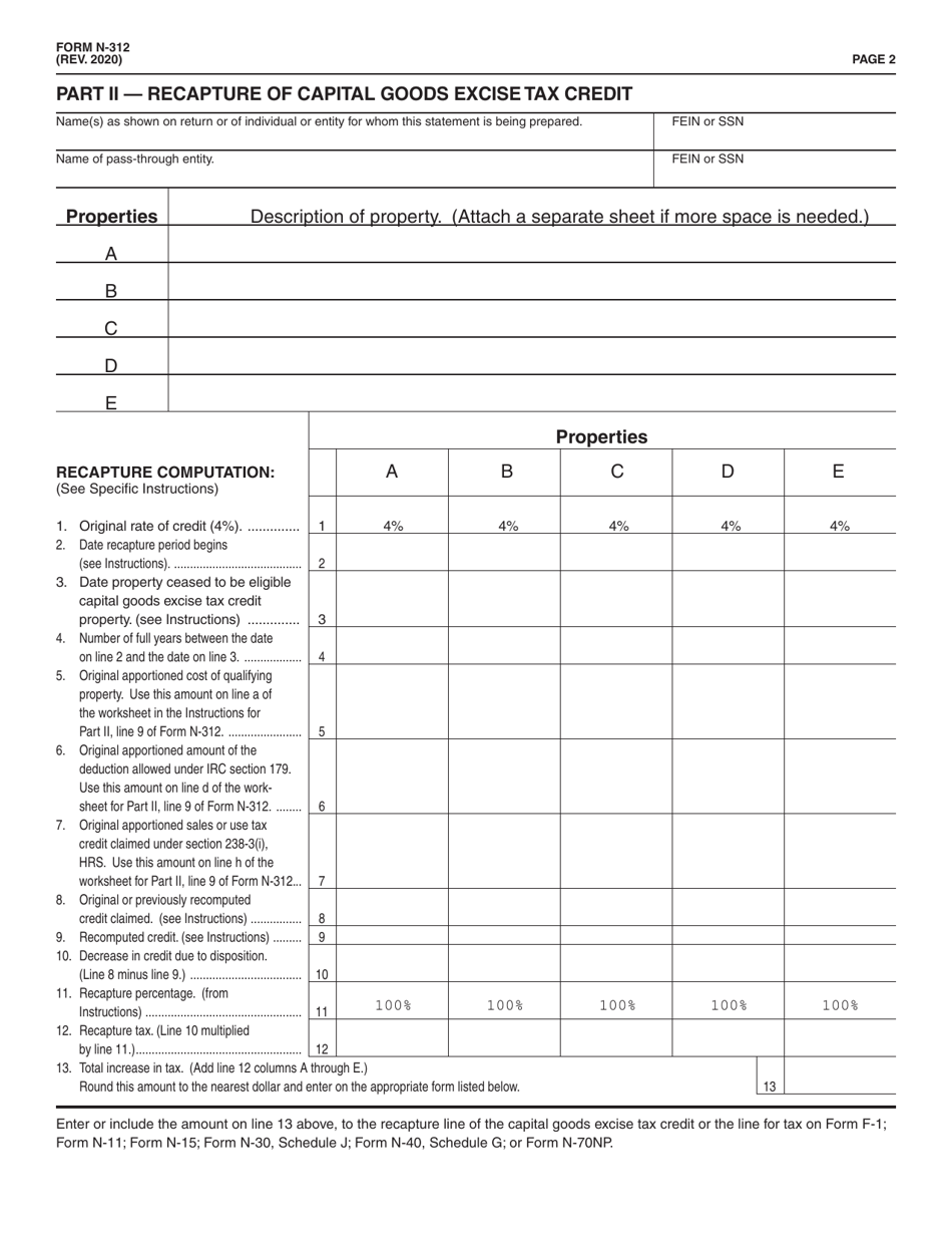 Form N-312 Capital Goods Excise Tax Credit - Hawaii, Page 2