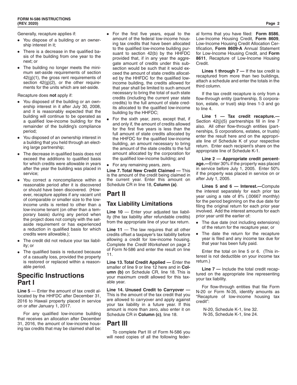 Instructions for Form N-586 Tax Credit for Low-Income Housing - Hawaii, Page 2