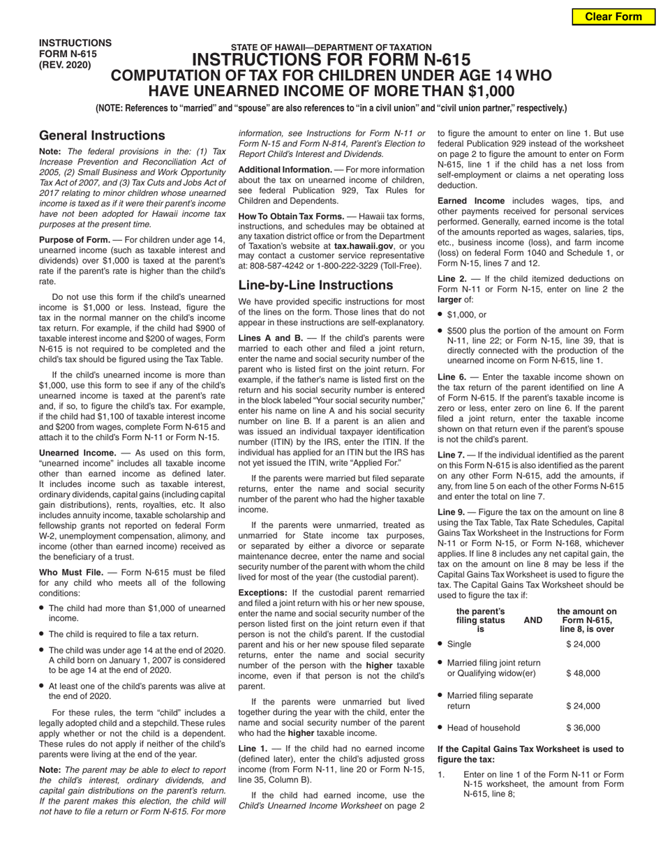 Instructions for Form N-615 Computation of Tax for Children Under Age 14 Who Have Unearned Income of More Than $1,000 - Hawaii, Page 1