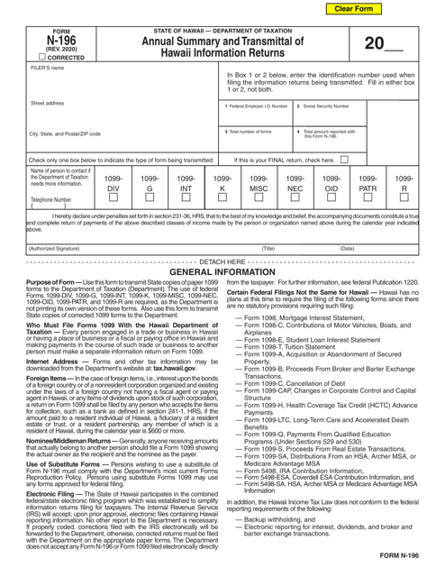 Form N-196 Annual Summary and Transmittal of Hawaii Information Returns - Hawaii