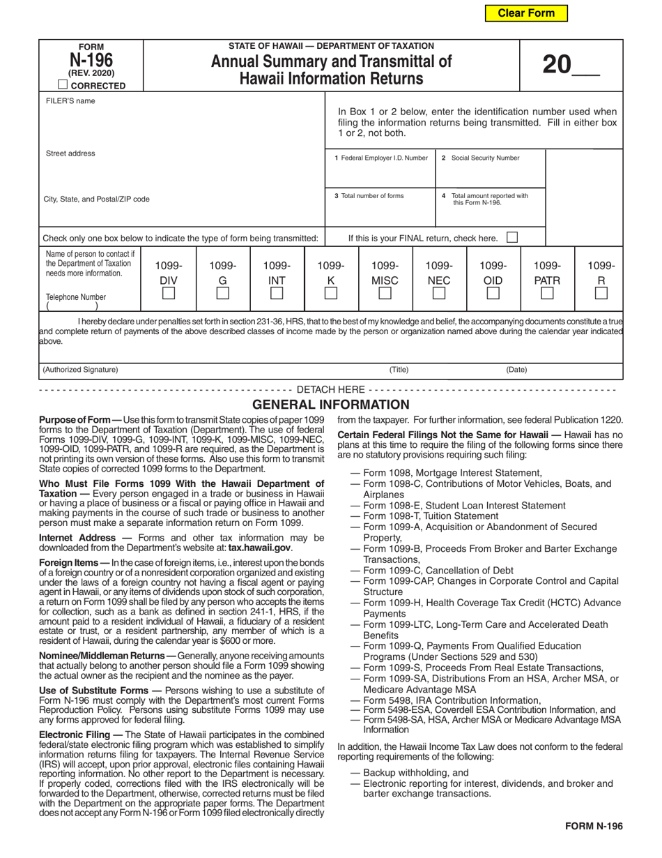 Form N-196 Annual Summary and Transmittal of Hawaii Information Returns - Hawaii, Page 1