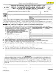 Document preview: Form N-346A Certified Statement of Research and Development Costs Incurred by a Qualified High Technology Business (Qhtb) and Claim of the Tax Credit for Research Activities - Hawaii