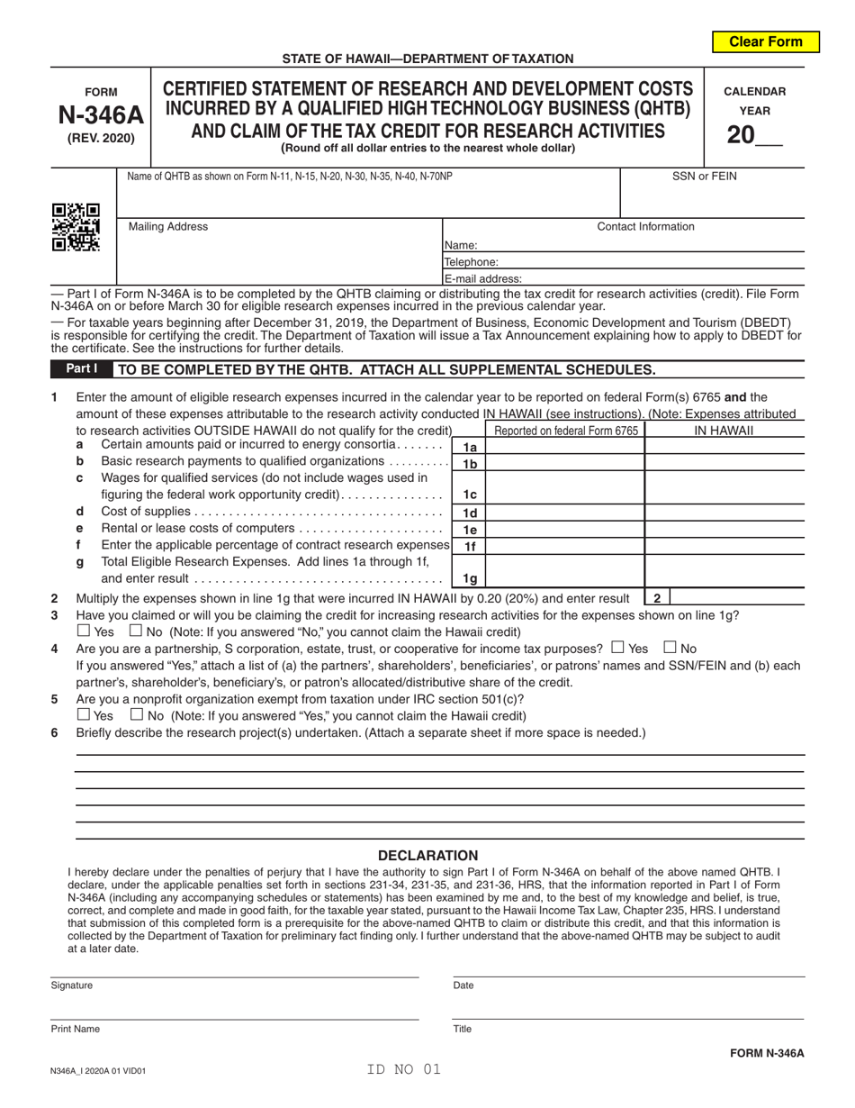 Form N-346A Certified Statement of Research and Development Costs Incurred by a Qualified High Technology Business (Qhtb) and Claim of the Tax Credit for Research Activities - Hawaii, Page 1