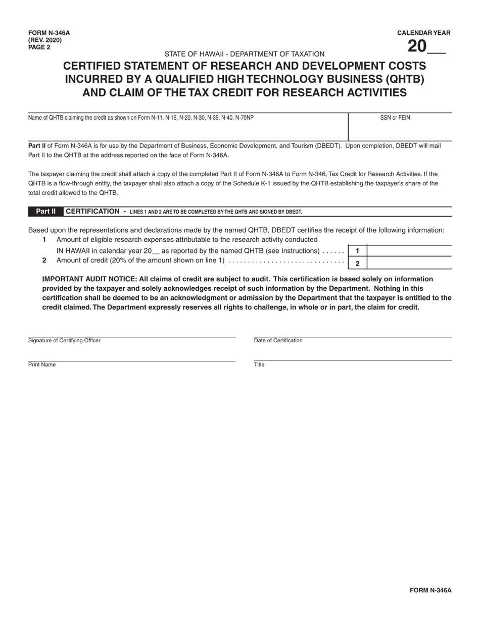 Form N-346A Certified Statement of Research and Development Costs Incurred by a Qualified High Technology Business (Qhtb) and Claim of the Tax Credit for Research Activities - Hawaii, Page 2