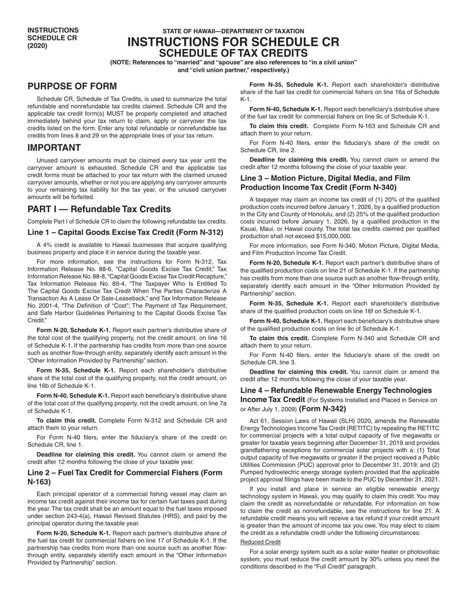 Instructions for Schedule CR Schedule of Tax Credits - Hawaii, Page 1