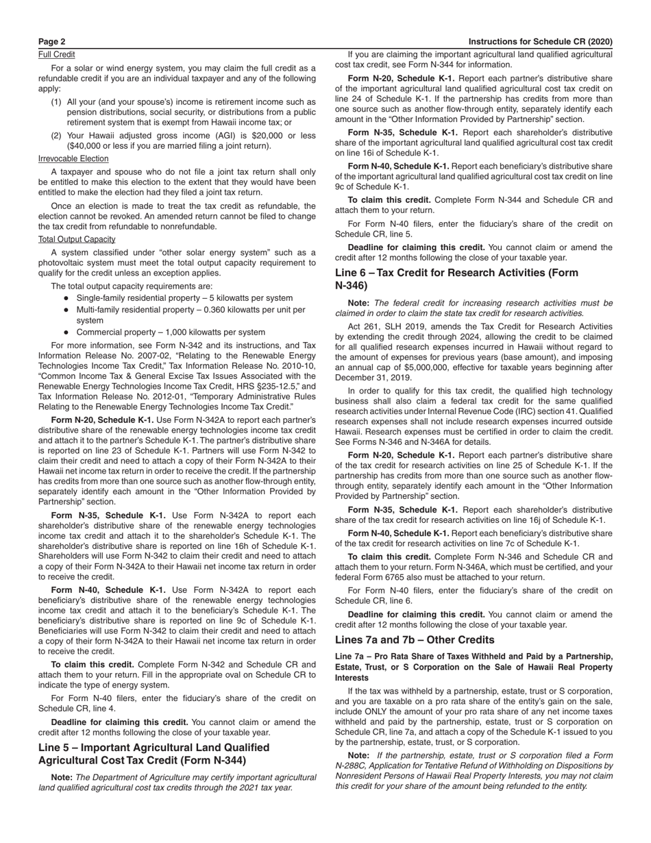 Instructions for Schedule CR Schedule of Tax Credits - Hawaii, Page 2