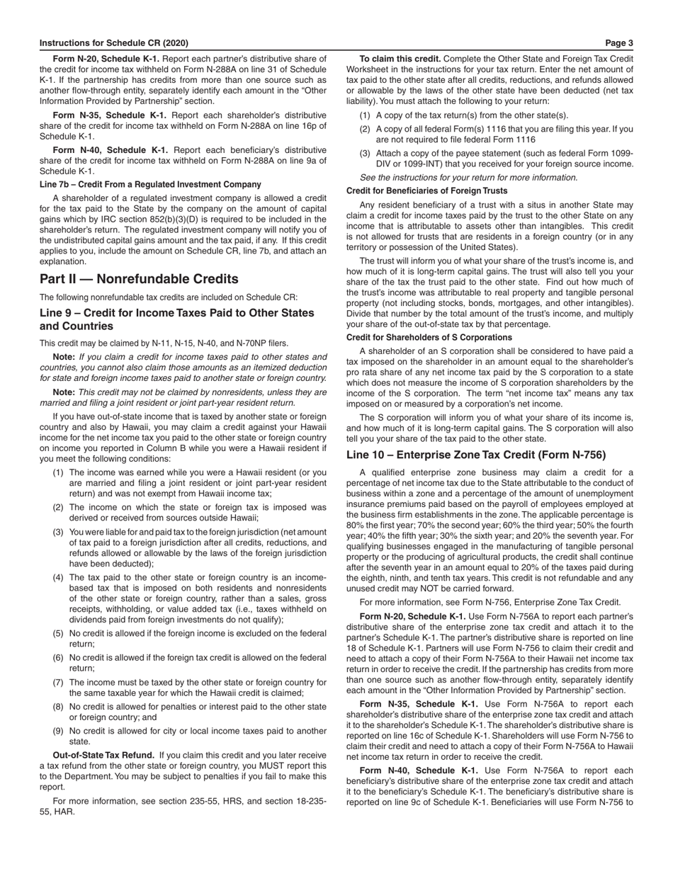 Instructions for Schedule CR Schedule of Tax Credits - Hawaii, Page 3