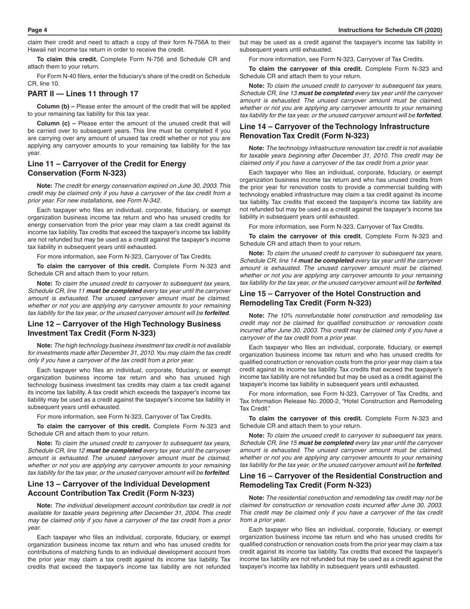 Instructions for Schedule CR Schedule of Tax Credits - Hawaii, Page 4