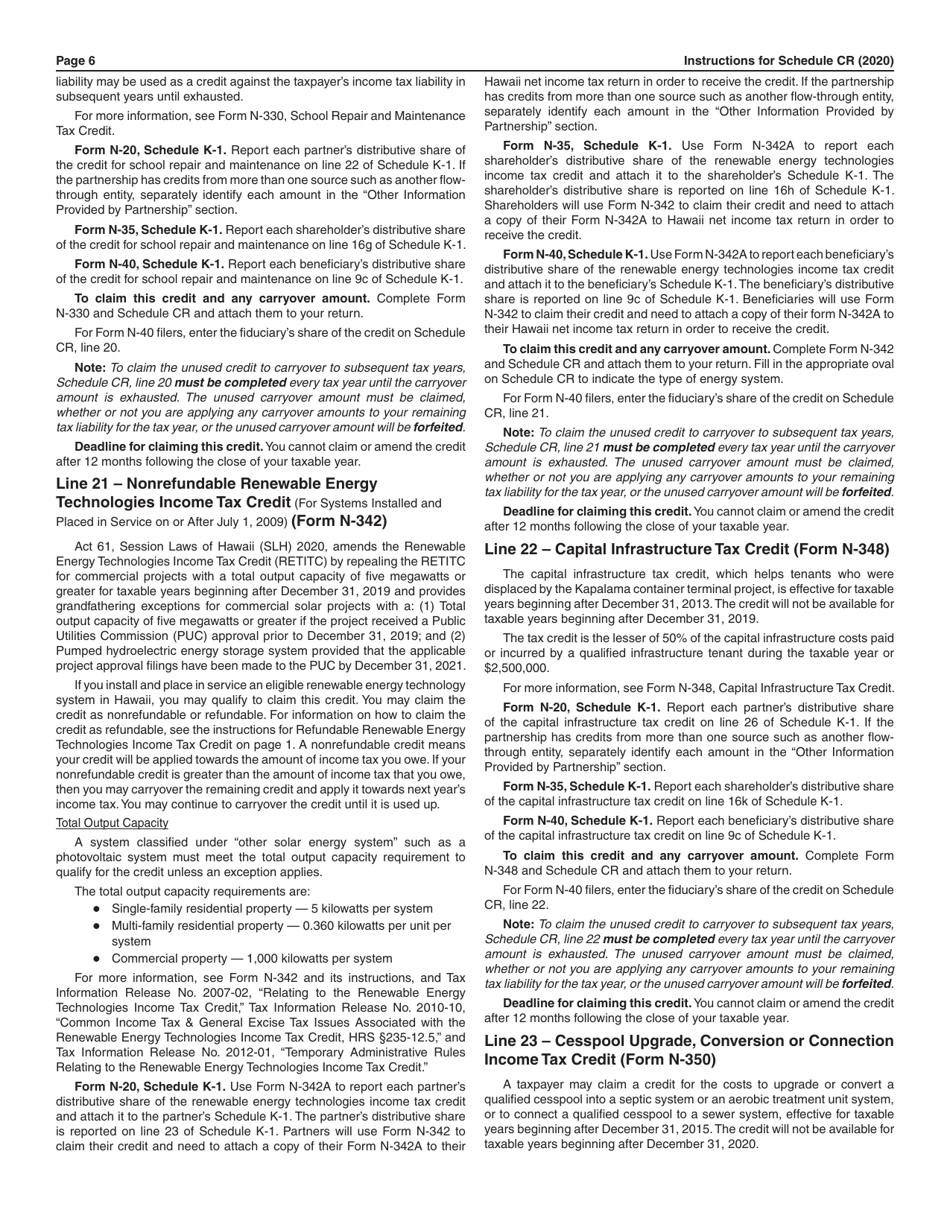 Instructions for Schedule CR Schedule of Tax Credits - Hawaii, Page 6