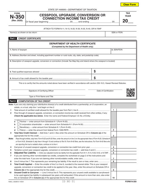 Form N-350 Cesspool Upgrade, Conversion or Connection Income Tax Credit - Hawaii
