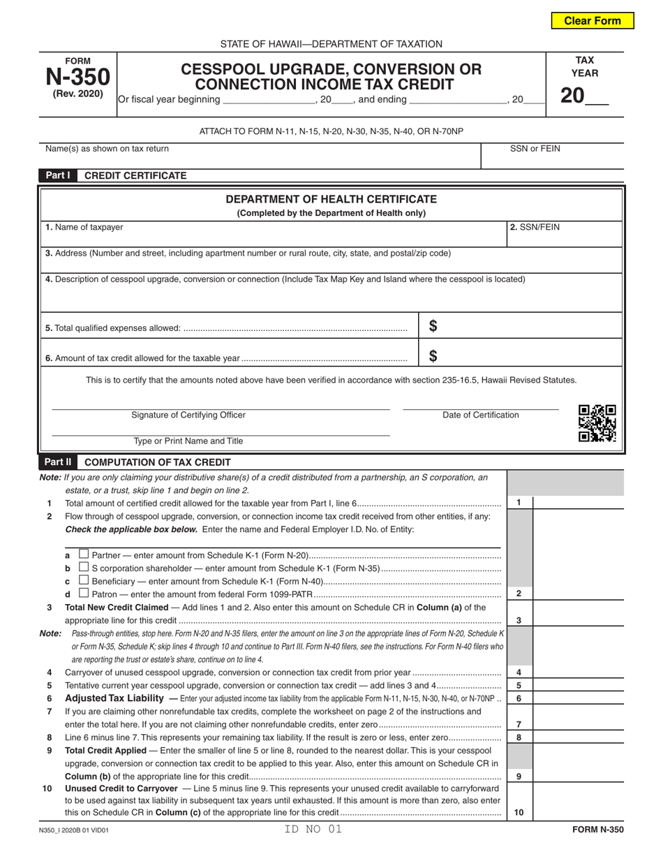 Form N-350 Cesspool Upgrade, Conversion or Connection Income Tax Credit - Hawaii, Page 1