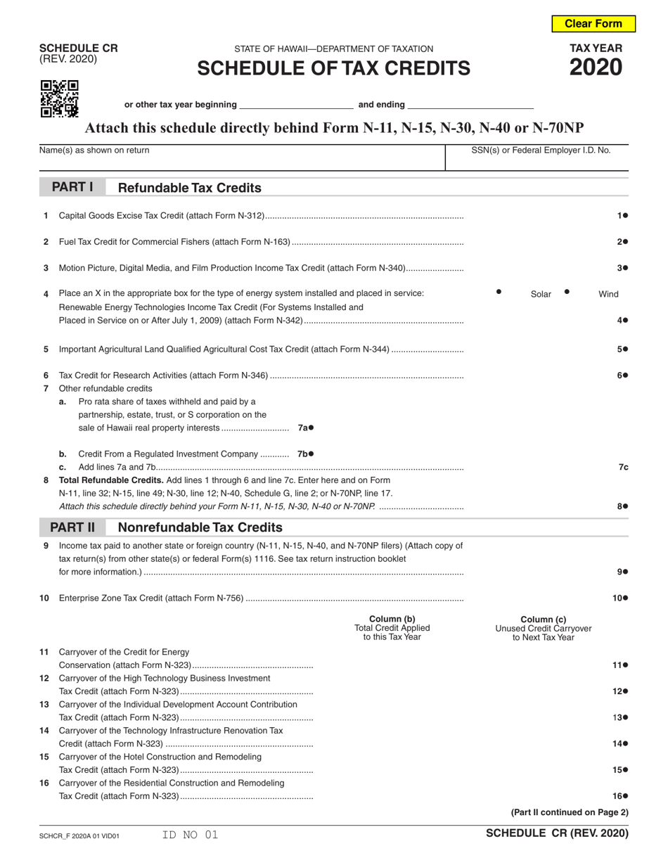 Schedule CR Schedule of Tax Credits - Hawaii, Page 1