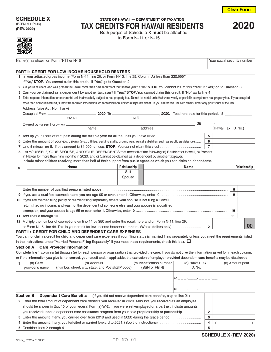 Schedule X Tax Credits for Hawaii Residents - Hawaii, Page 1