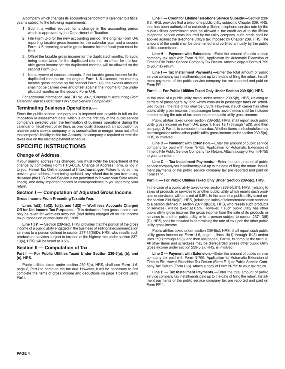 Instructions for Form U-6 Public Service Company Tax Return - Hawaii, Page 4