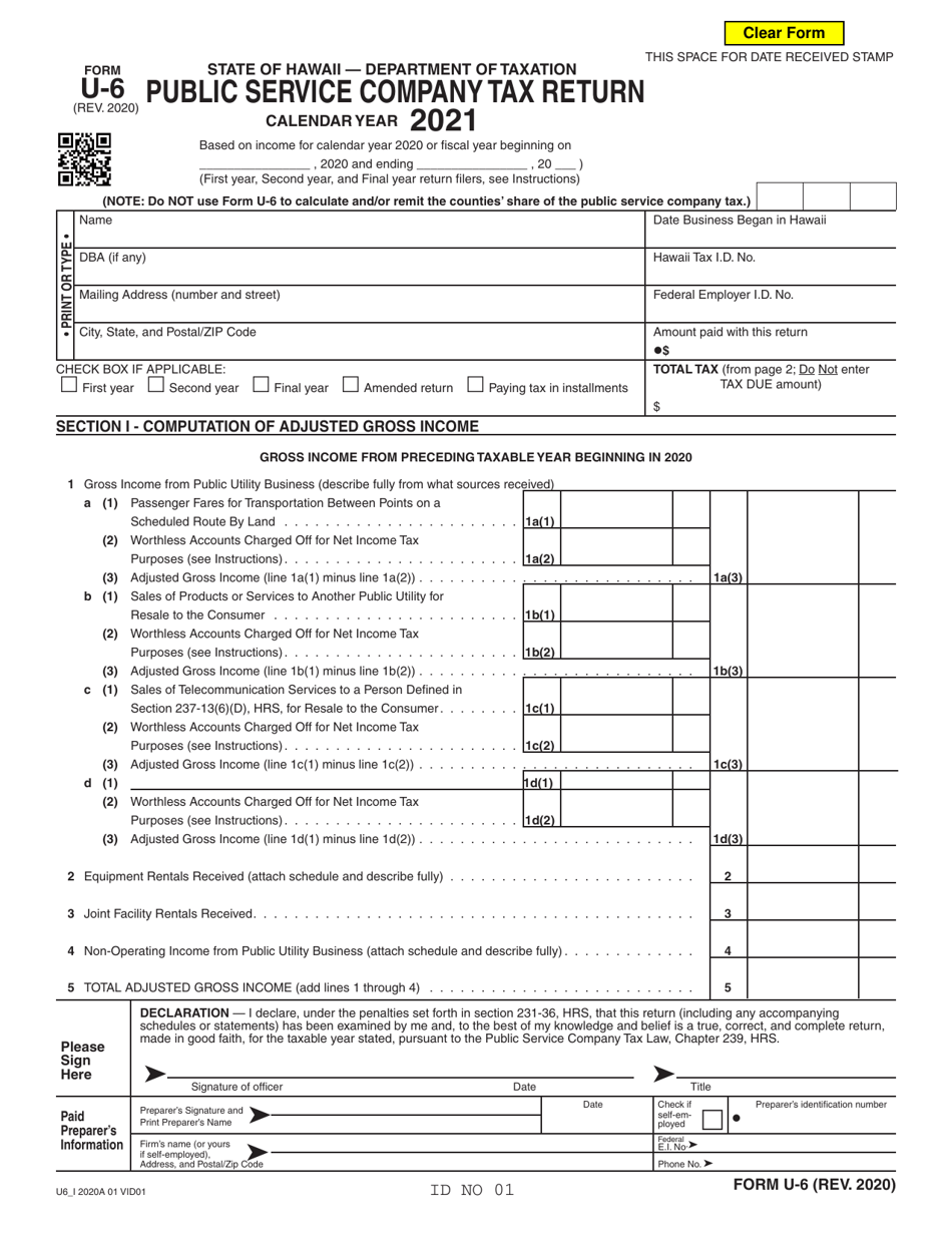 Form U-6 Public Service Company Tax Return - Hawaii, Page 1