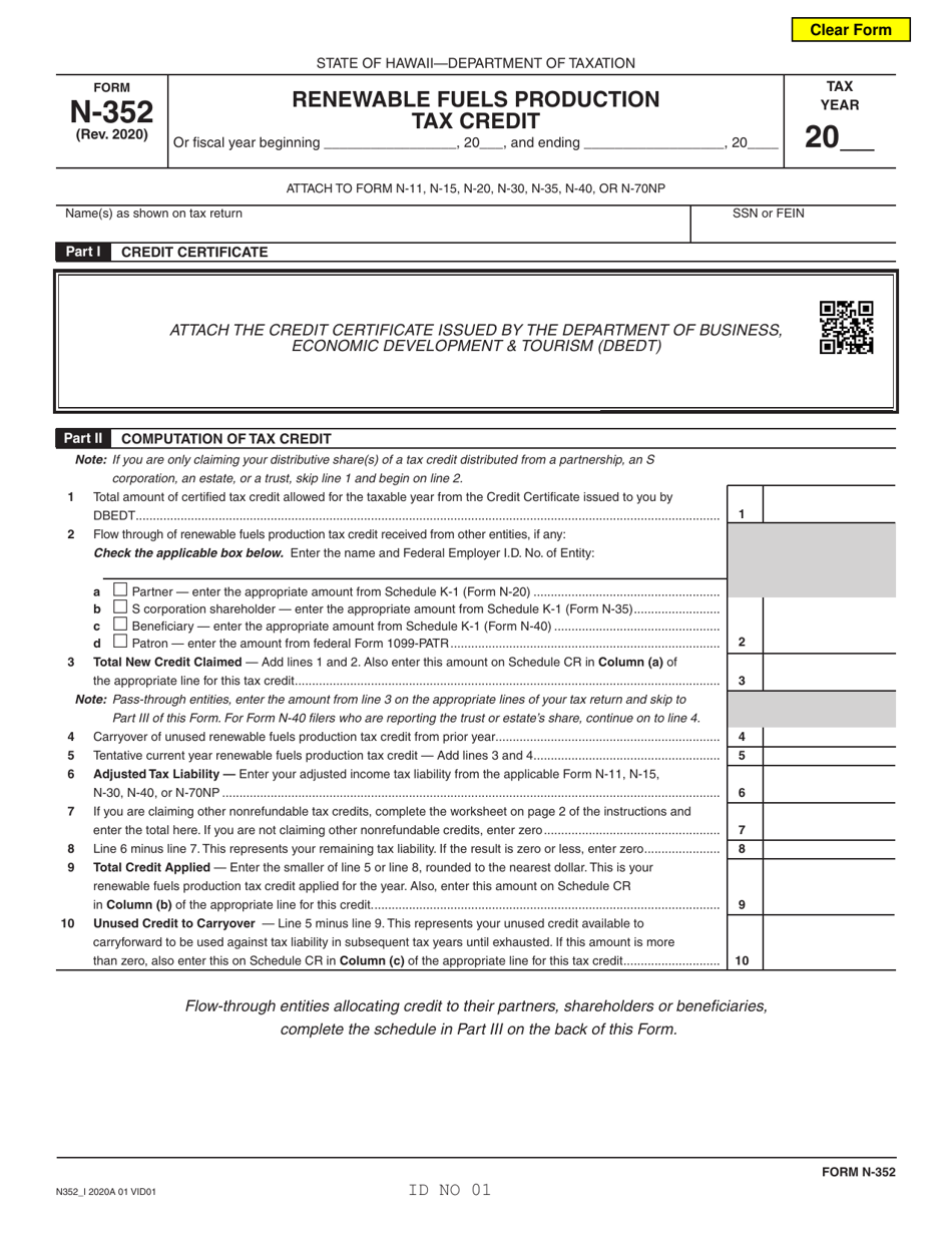 Form N-352 Renewable Fuels Production Tax Credit - Hawaii, Page 1