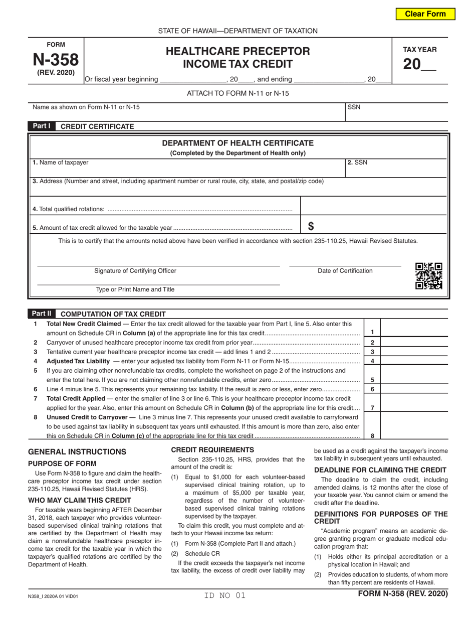 Form N-358 Healthcare Preceptor Income Tax Credit - Hawaii, Page 1