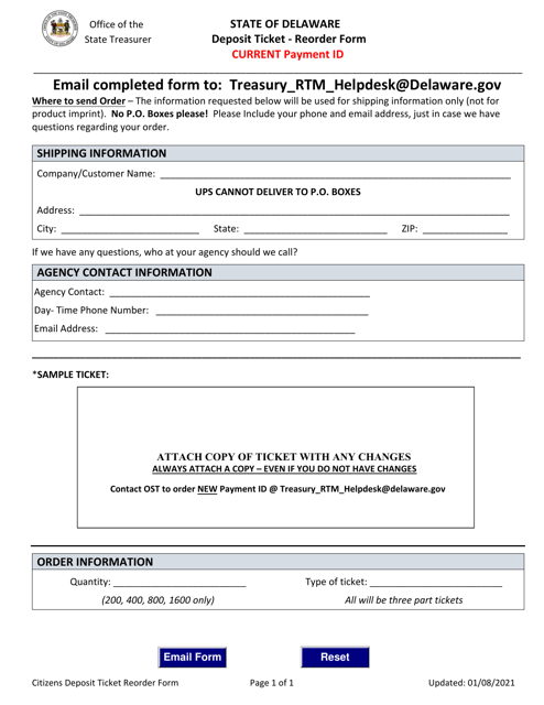Deposit Ticket - Reorder Form - Delaware Download Pdf