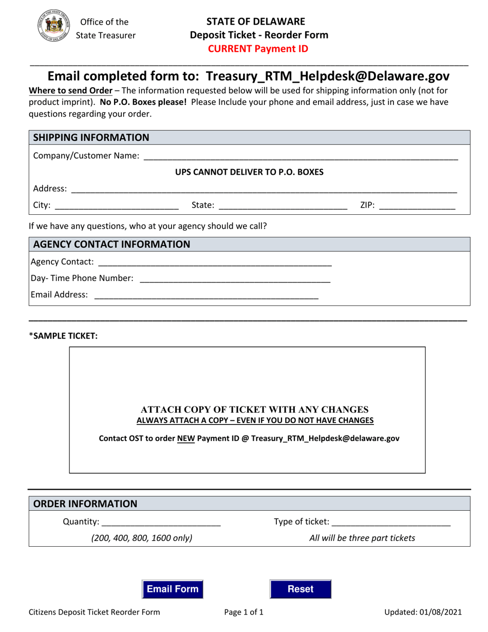 Deposit Ticket - Reorder Form - Delaware, Page 1