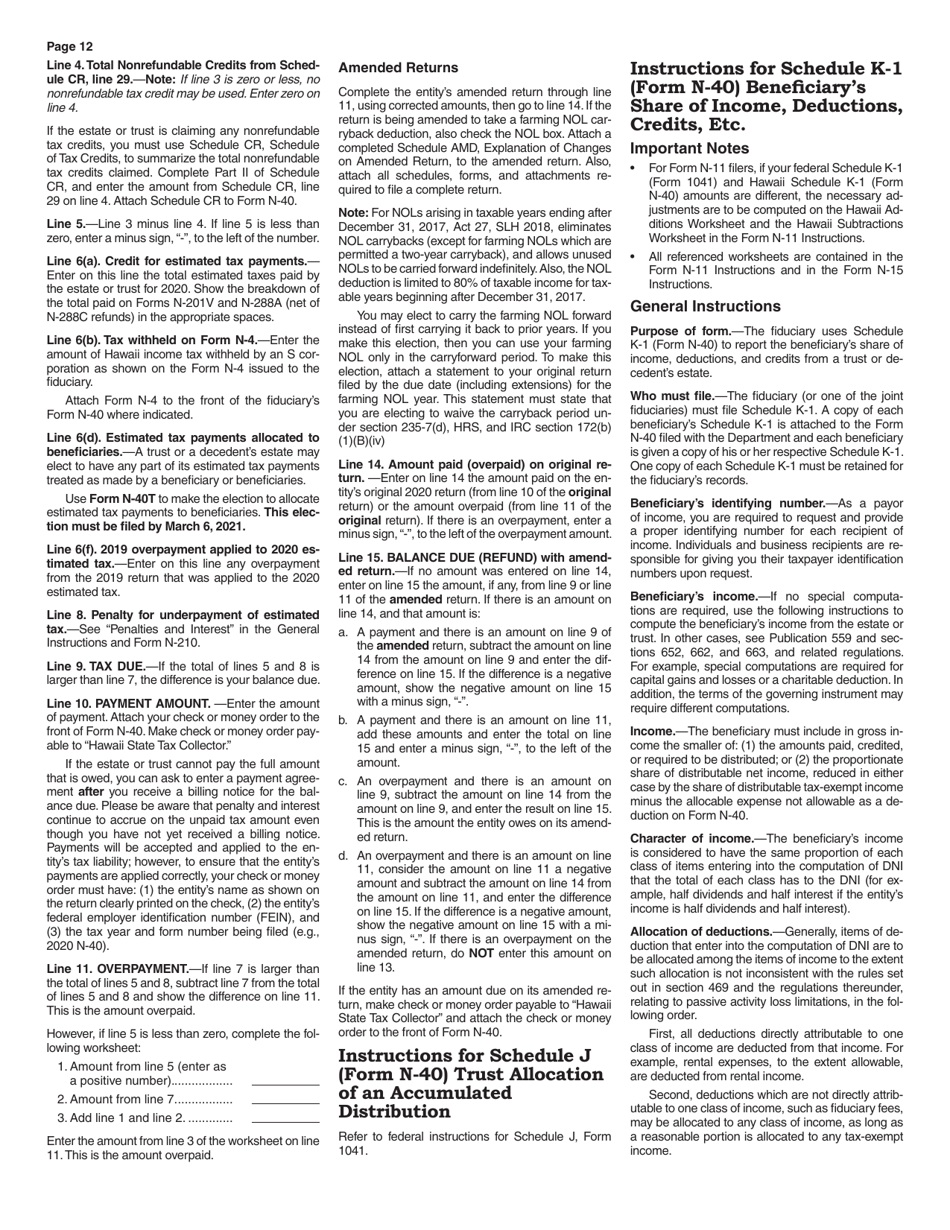 Instructions for Form N-40 Fiduciary Income Tax Return - Hawaii, Page 12