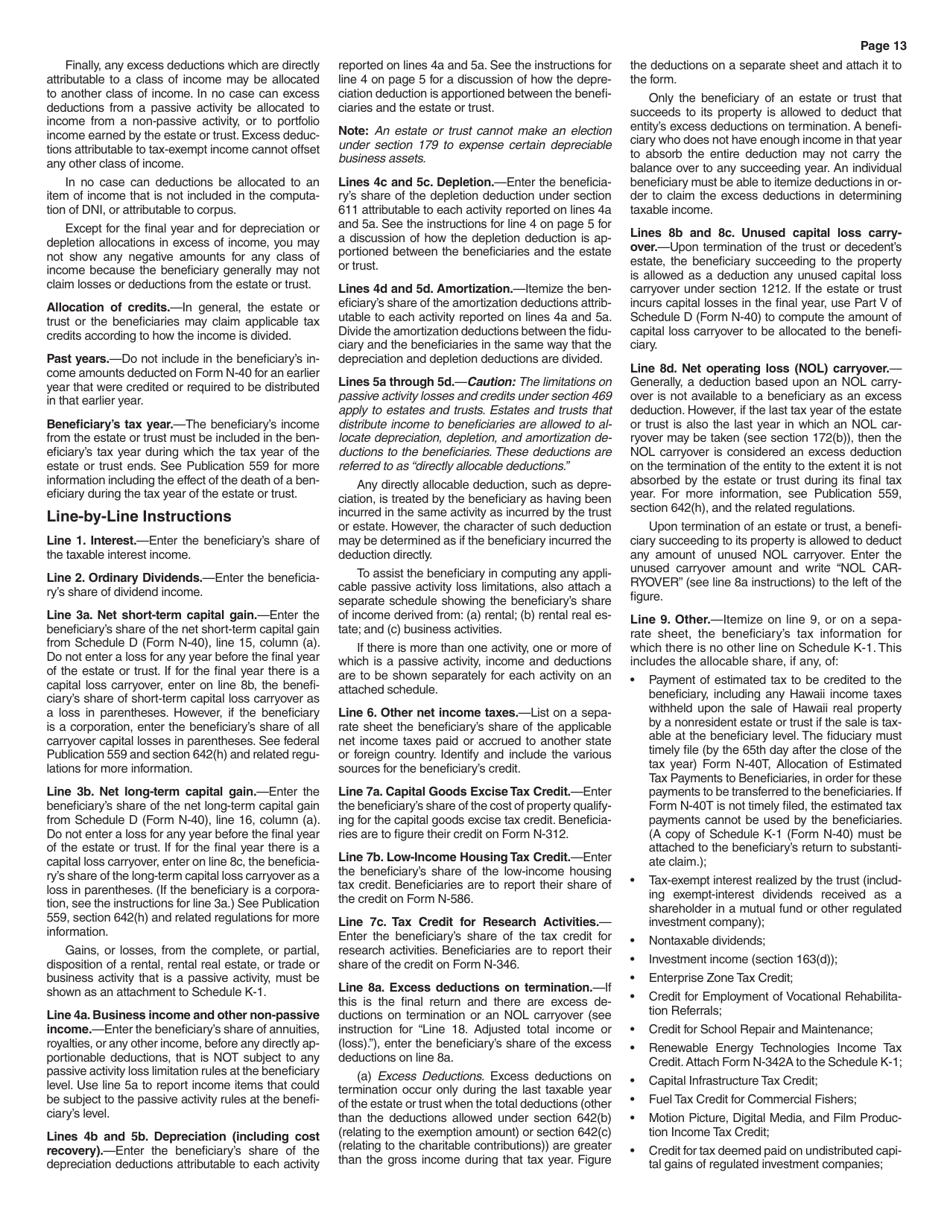 Instructions for Form N-40 Fiduciary Income Tax Return - Hawaii, Page 13