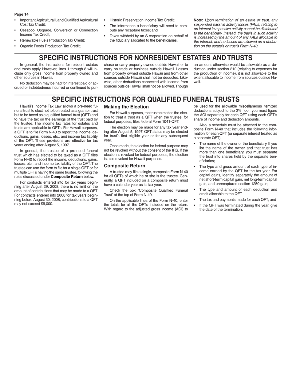 Instructions for Form N-40 Fiduciary Income Tax Return - Hawaii, Page 14