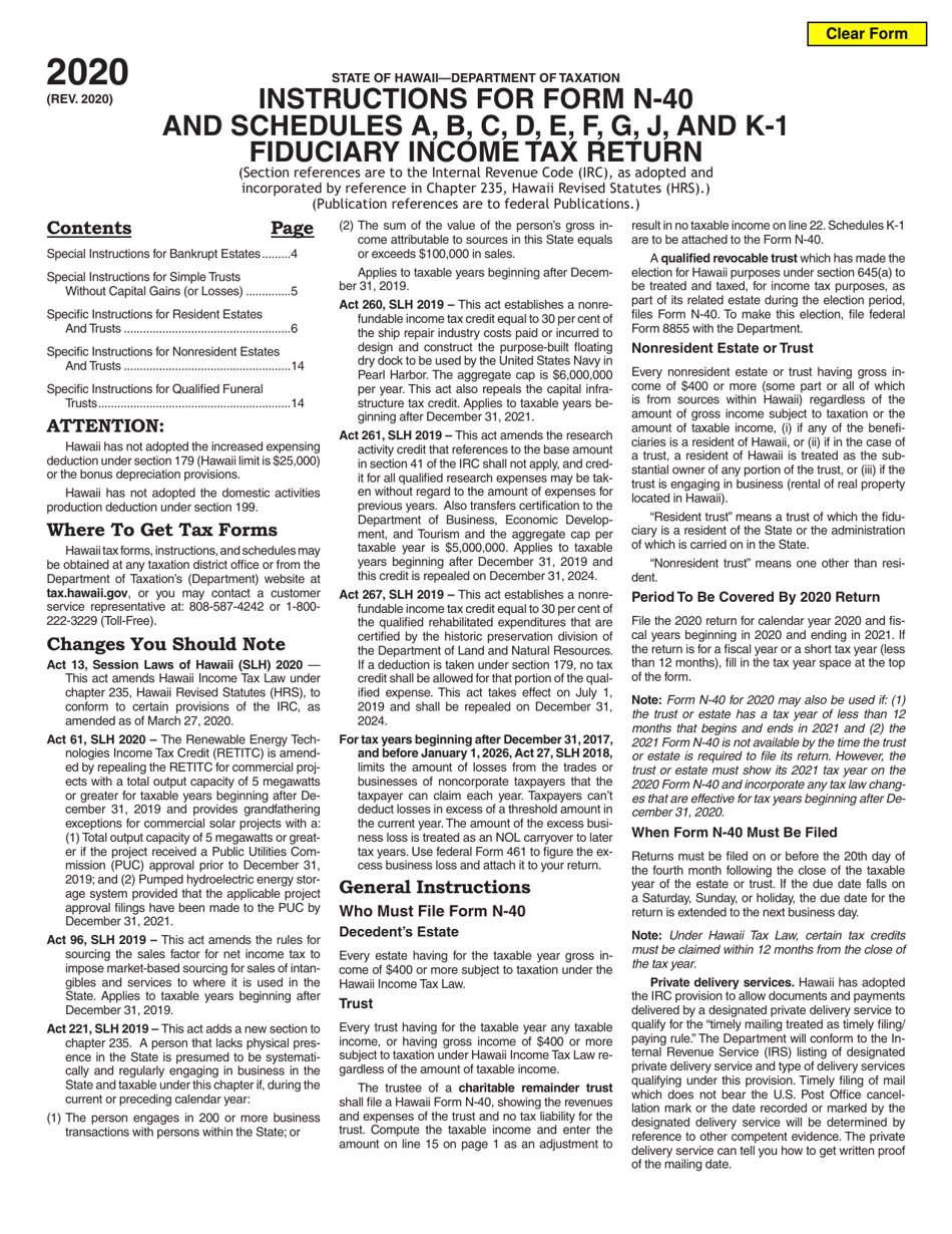 Instructions for Form N-40 Fiduciary Income Tax Return - Hawaii, Page 1