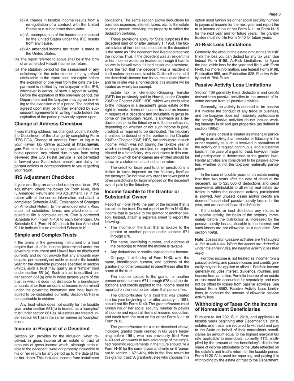 Instructions for Form N-40 Fiduciary Income Tax Return - Hawaii, Page 3
