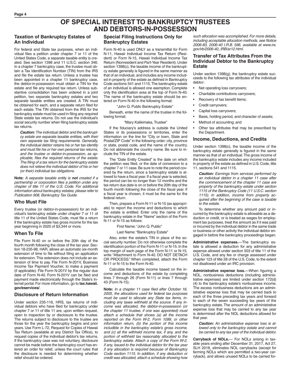 Instructions for Form N-40 Fiduciary Income Tax Return - Hawaii, Page 4