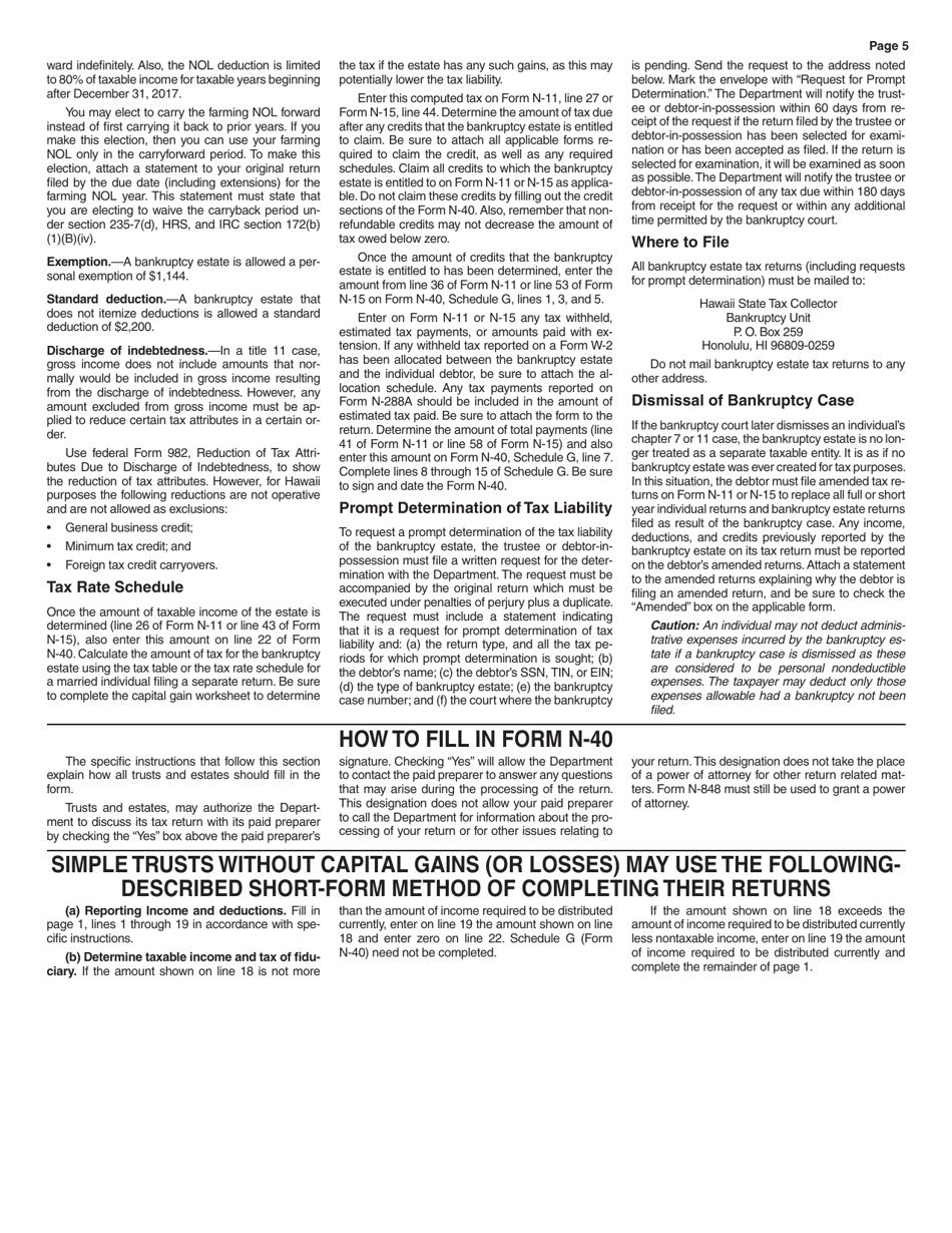 Instructions for Form N-40 Fiduciary Income Tax Return - Hawaii, Page 5