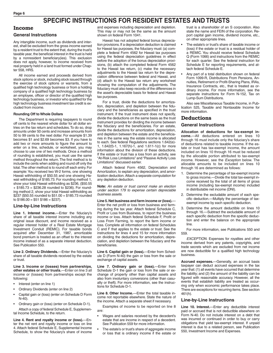 Instructions for Form N-40 Fiduciary Income Tax Return - Hawaii, Page 6