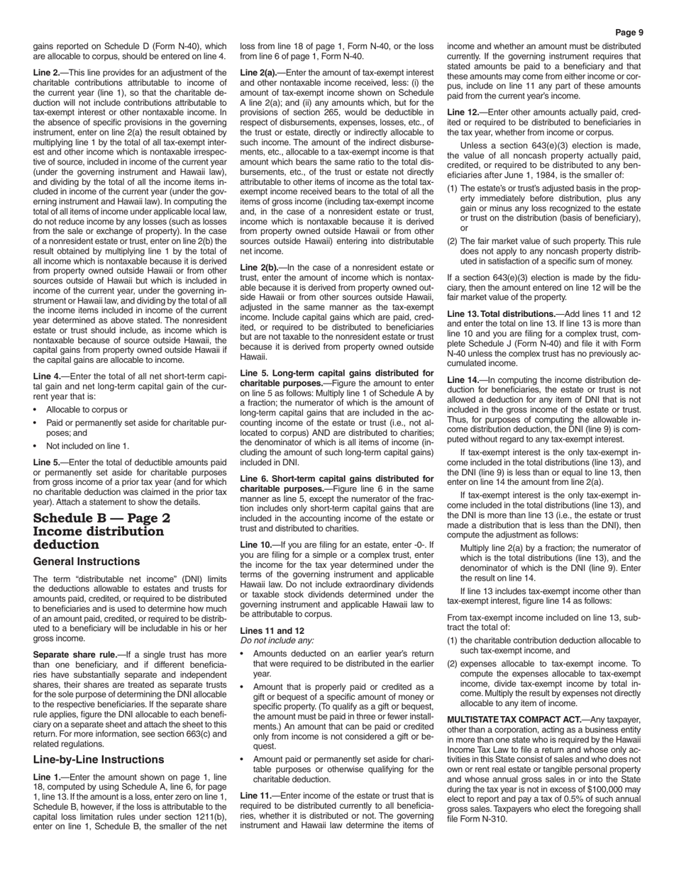 Instructions for Form N-40 Fiduciary Income Tax Return - Hawaii, Page 9