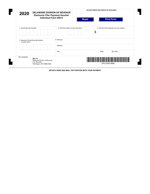 Form 200-V Electronic Filer Payment Voucher - Delaware, 2020