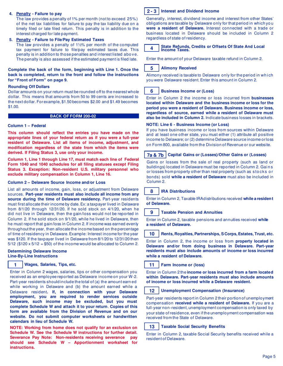 Instructions for Form 200-02 Delaware Individual Non-resident Income Tax Return - Delaware, Page 5