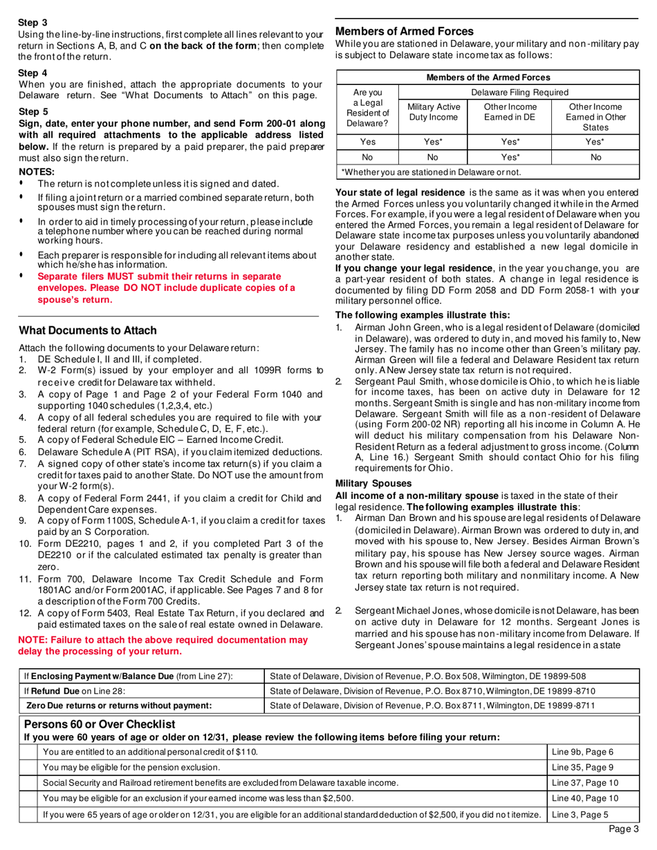 Instructions for Form 200-01 Delaware Individual Resident Income Tax Return - Delaware, Page 3