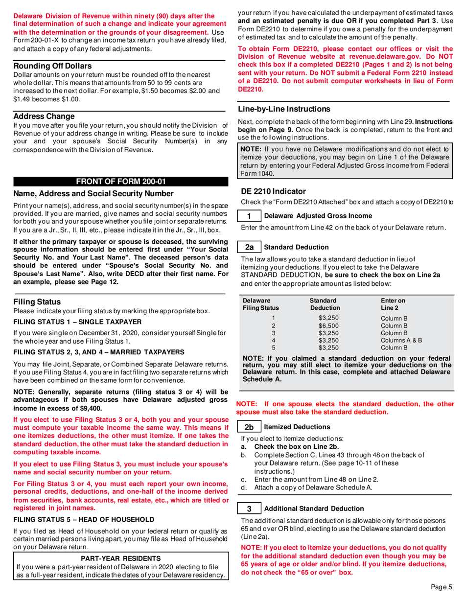Instructions for Form 200-01 Delaware Individual Resident Income Tax Return - Delaware, Page 5
