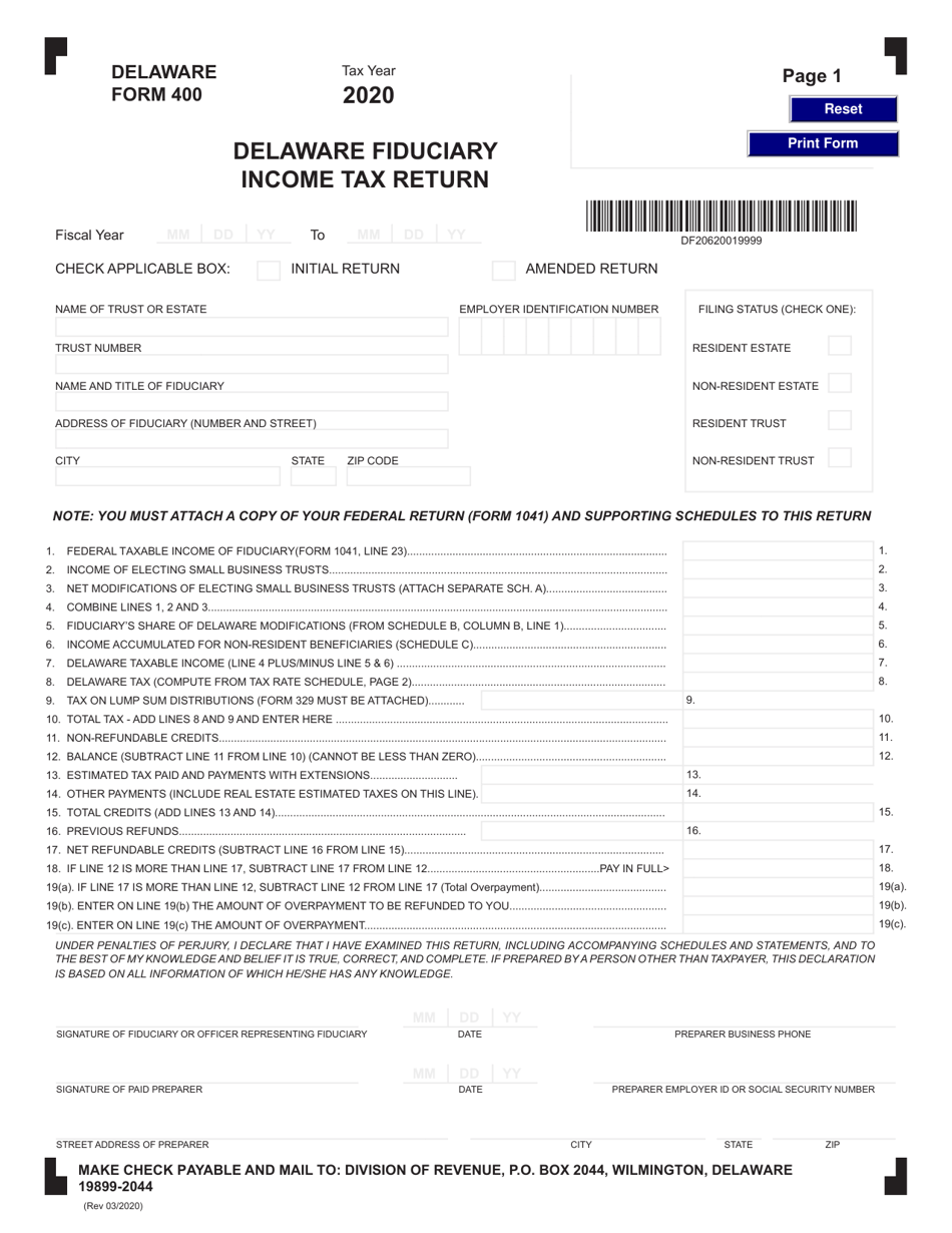Form 400 Delaware Fiduciary Income Tax Return - Delaware, Page 1
