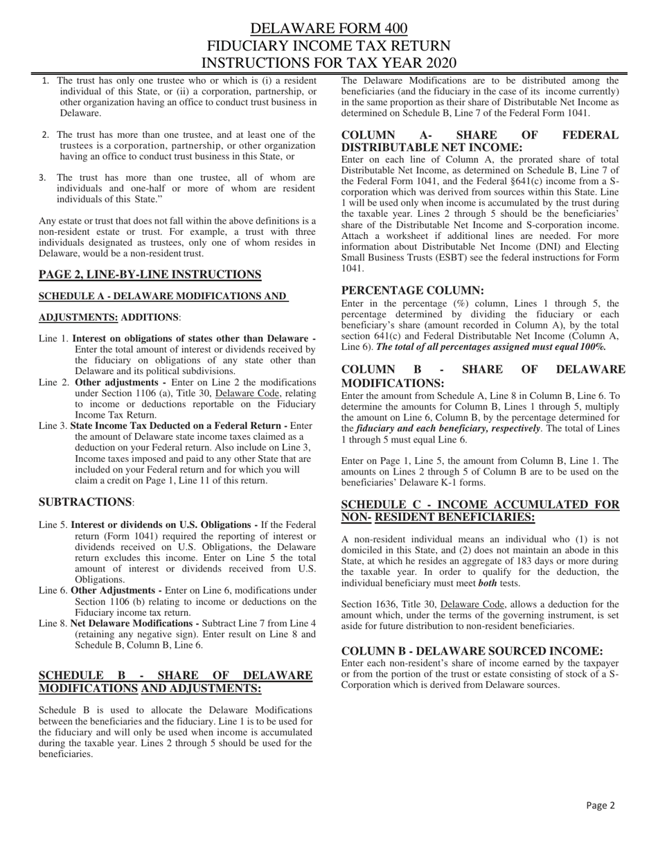 Instructions for Form 400 Delaware Fiduciary Income Tax Return - Delaware, Page 2